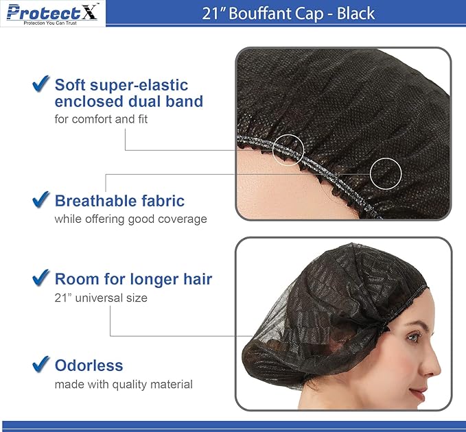 ProtectX 500-Pack Black Disposable Hair Nets, Elastic Head Cover, Bouffant Caps - Image 4
