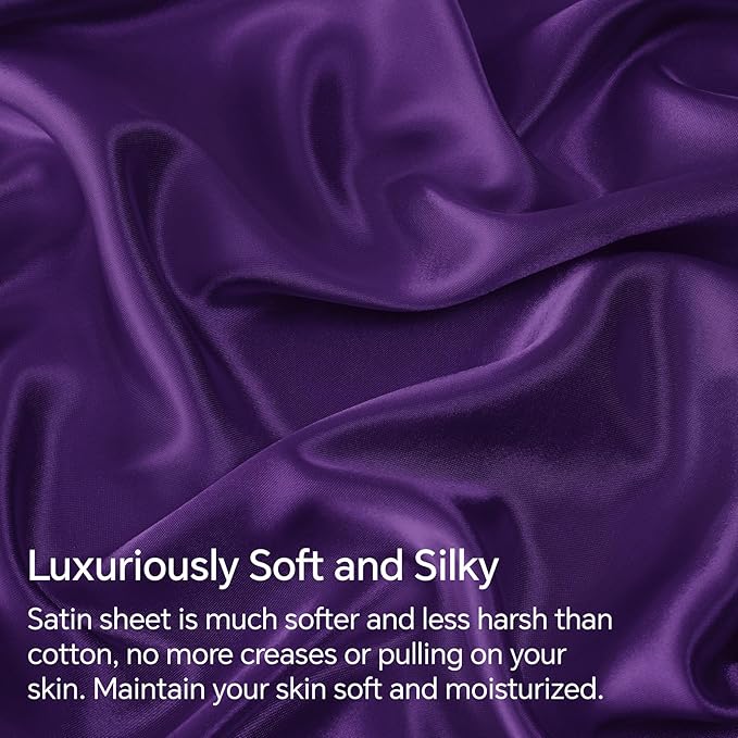 BEDELITE Satin Sheets Queen Size Bed Set, Luxury Soft Plum Purple Sheets - Image 3