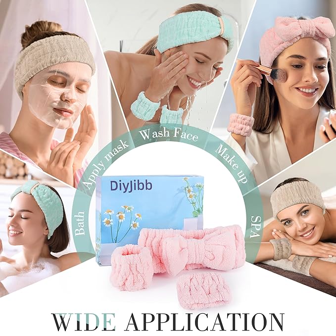 DiyJibb 9 Pcs Spa Headband for Washing Face, Skincare Headband and Wristband Set - Image 4