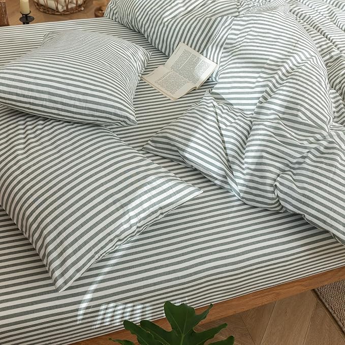 MooMee Striped Duvet Cover Set 100% Washed Cotton Linen Like Textured - Image 9