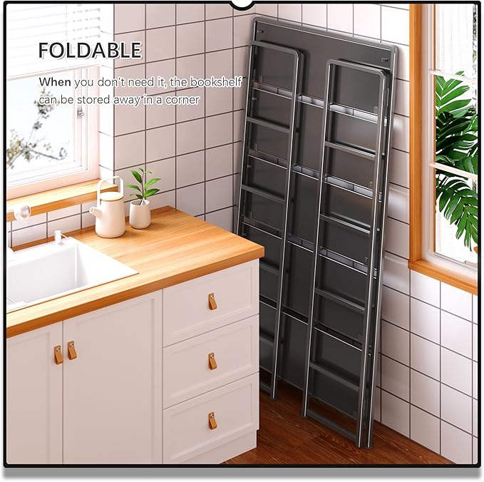 4NM No Assembly Extra Wide 5 Tiers Folding Bookshelf Storage Shelves Vintage Bookcase Standing Racks Study Organizer Home Office (All Black)