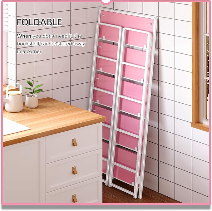4NM No Assembly 5 Tiers Folding Bookshelf Storage Shelves Vintage Bookcase Standing Racks Study Organizer Home Office (Pink White)