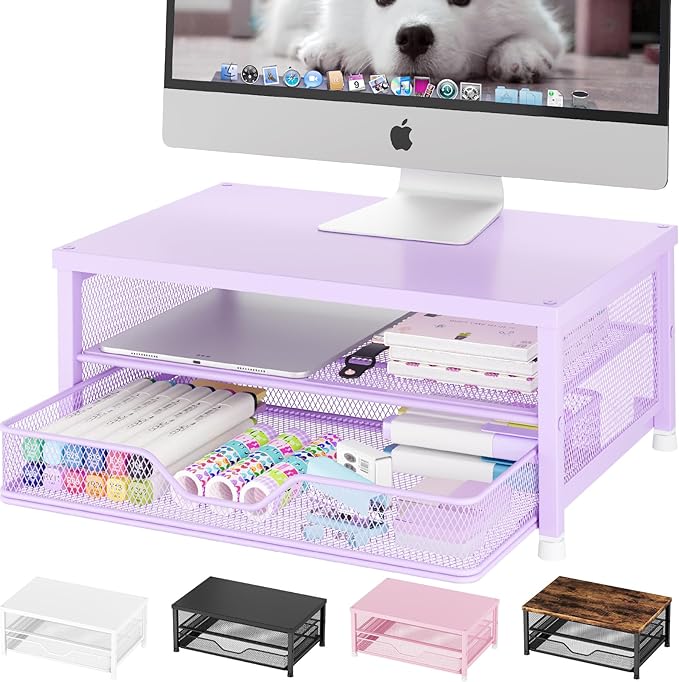 OPNICE Computer Monitor Stand Riser, Desk Organizer with Drawer, Laptop Stand, Office Desk Accessories & Workspace Desktop Organizers Storage for Office Supplies(Purple)
