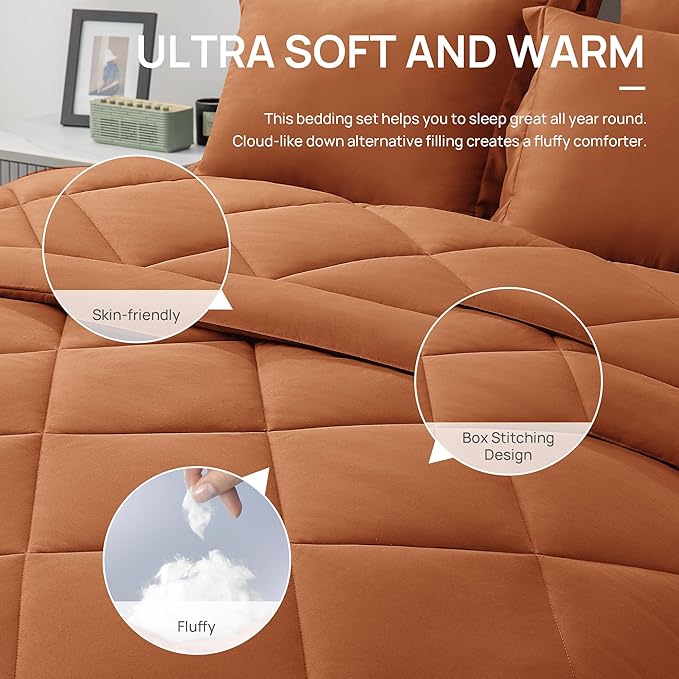 Love's cabin Twin XL Comforter Set Terracotta, 5 Pieces Twin XL Bed in a Bag - Image 5