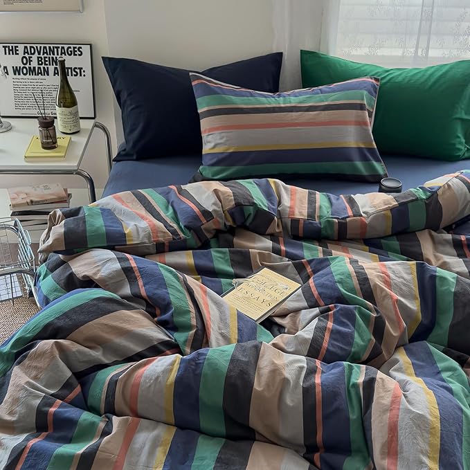 mixinni Blue Striped Duvet Cover Twin XL 100% Washed Cotton 3 Pcs Vintage - Image 2