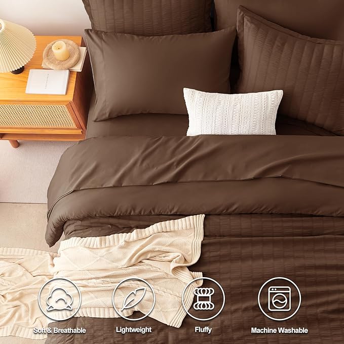 CozyLux King Size Comforter Set Brown Seersucker 7 Pieces Bed in a Bag King - Image 2