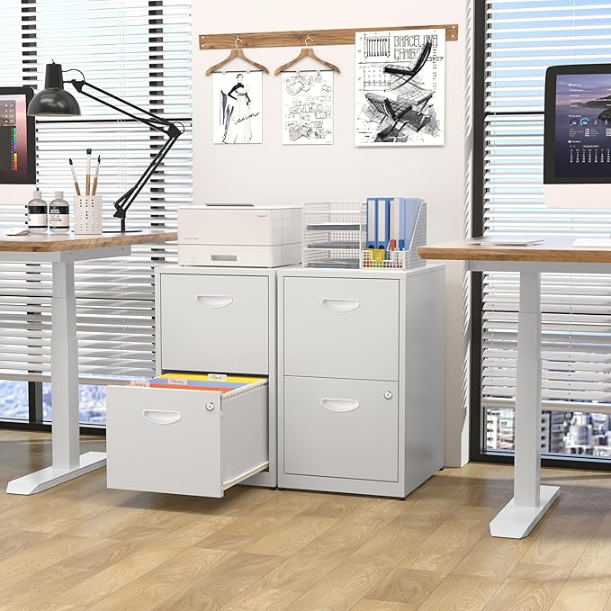 Kubohogar 2 Drawer File Cabinet with Lock,White Metal Filing Cabinets,Vertical Locking File Cabinet Fit Hanging Files, Letter,File Box and A4 Documents(White)