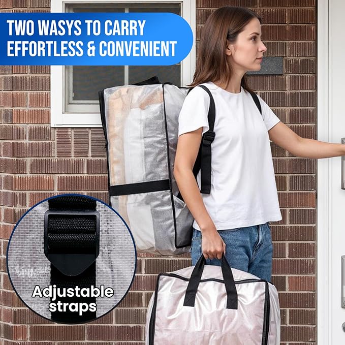 TAILI 4 Pack Clear Moving Bags w/Adjustable Backpack Straps, Moving Supplies, Moving Boxes Alternative, Heavy Duty Storage Totes for College Packing, Camping Backpack for Travel, Dorm, Laundry