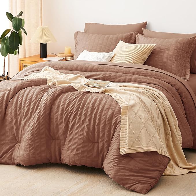 CozyLux King Size Comforter Set Mocha Mousse Seersucker 7 Pieces Bed in a Bag by CozyLux