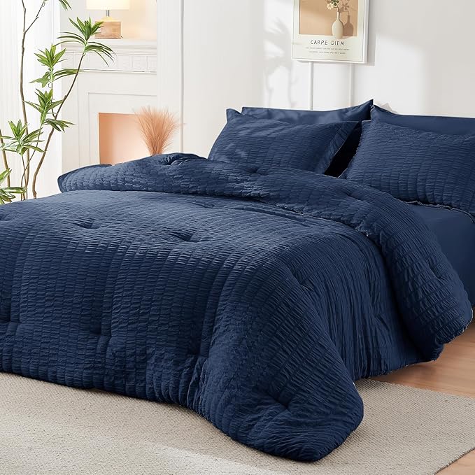 HYMOKEGE Navy Blue Queen Comforter Set Seersucker 7 Pieces, All Season Luxury - Image 8