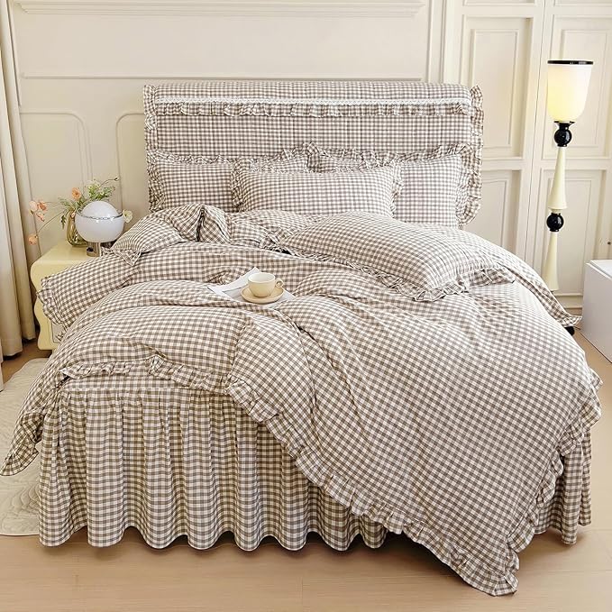 mixinni Tan Gingham Ruffle Duvet Cover King Size 3 Pieces – 100% Washed Cotton by mixinni