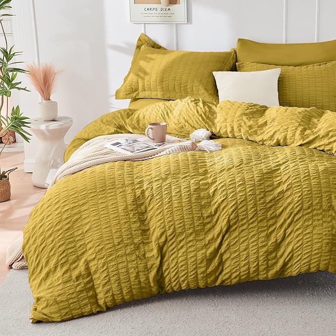 HYMOKEGE Mustard Yellow Duvet Cover King Size, Ultra Soft 3-Piece Seersucker by HYMOKEGE
