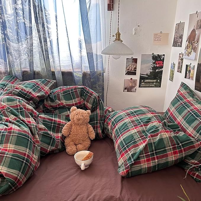 mixinni Vintage Green Buffalo Plaid Washed Cotton Duvet Cover Twin - Image 6