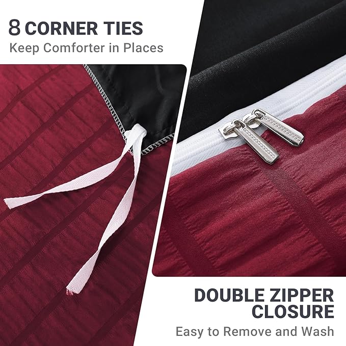 HYMOKEGE Dark Red/Black Duvet Cover Full Size, Ultra Soft 3-Piece Seersucker - Image 5