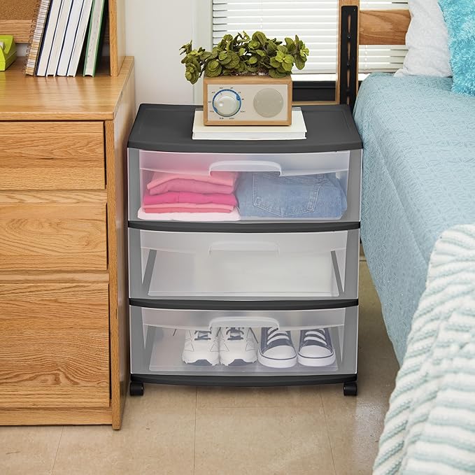 3-Drawer Wide Rolling Storage Cart with Clear Drawers and Wheels, Durable Plastic Storage Organizer for Bedroom, Closet, Dorm and Home Office.