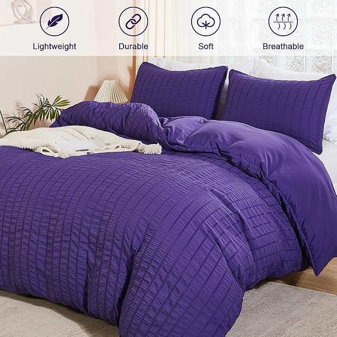 AveLom Dark Purple Duvet Cover King, 3 Pieces, Seersucker Striped Soft Washed - Image 2