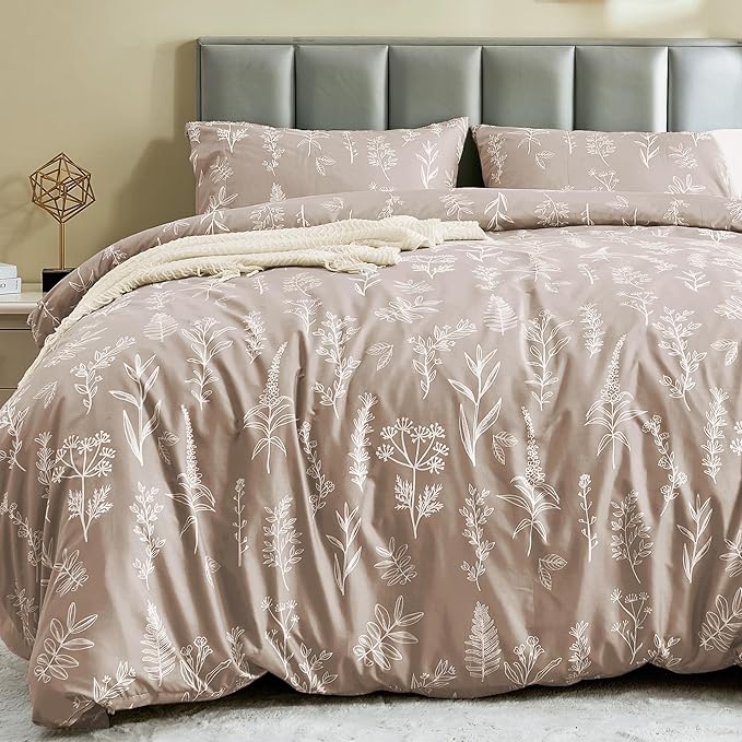 MUXHOMO Duvet Cover Full Size, Reversible Floral Taupe Duvet Cover Set by MUXHOMO