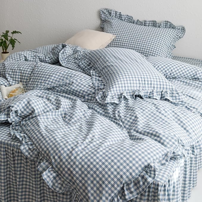mixinni Blue White Gingham Ruffle Duvet Cover Twin XL Size 3 Pieces – 100% - Image 6