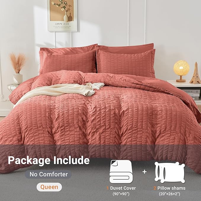 HYMOKEGE Coral Red Duvet Cover King Size, Ultra Soft 3-Piece Seersucker Duvet - Image 5