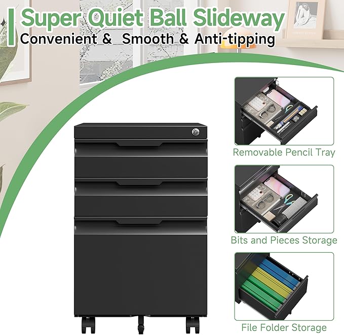 LONGLINK 3 Drawer Mobile File Cabinet with Lock,Under Desk Metal Filing Cabinets with Wheels for Home Office Organizer Letters/Legal/A4(Easy Assemble-Black)