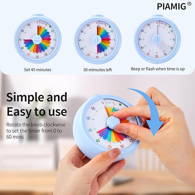 Visual Timer, 60-Minute Countdown Timer for Kids and Adults with Adjustable Volume, Rainbow Design Time Management Tools with Silent Operation, Suitable for Classroom, Office and Home (Blue)