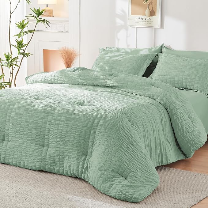 HYMOKEGE Sage Green Queen Comforter Set Seersucker 7 Pieces, All Season Luxury - Image 8