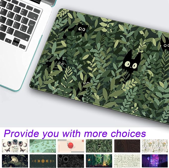 Cute Anime Cats Desk Mat Green Leaves Kawaii Mousepad XXL Extended Large Gaming Mouse Pad Cat, Aesthetic Extended Laptop Keyboard Mat Desk Pad for Women Office Gamer Girl Decor 31.5x15.75 in