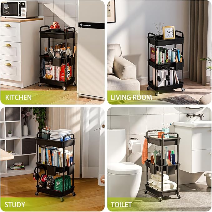 Sorgion 3 Tier Rolling Cart Organizer,Laundry Room Bathroom Organizers and Storage Office Shelves Mobile Shelving Unit Kitchen Trolley Cart with Wheels for Art,Craft,Diaper,Bedside,Snack(Black)