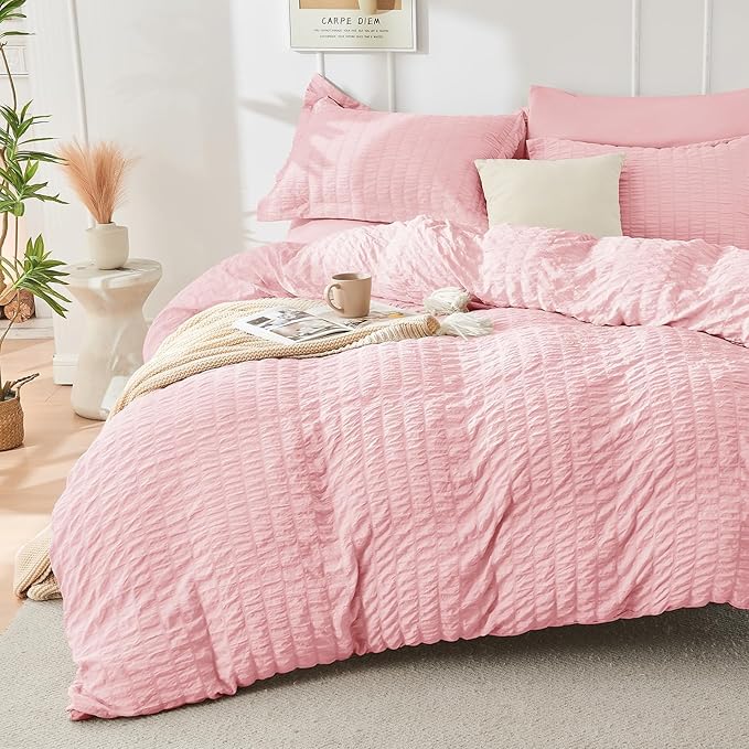 HYMOKEGE Pink Twin Comforter Set Seersucker 5 Pieces, All Season Luxury Bed in - Image 2