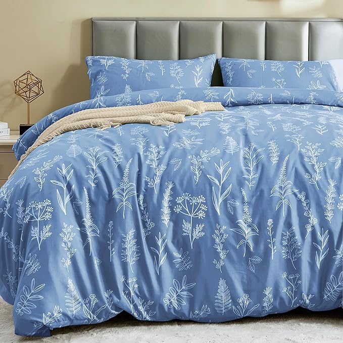MUXHOMO Duvet Cover Queen Size, Reversible Floral Ice Blue Duvet Cover Set by MUXHOMO