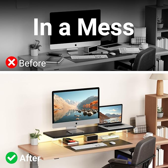 AFOOYO Monitor Stand Riser,31.5-Inch LED Light Wood Computer Monitor Stand with Adjustable Acrylic Legs,Desk Accessories Desktop Organizer Stand for, Computer,Laptop,Printer,PC TV Screen Riser,Black