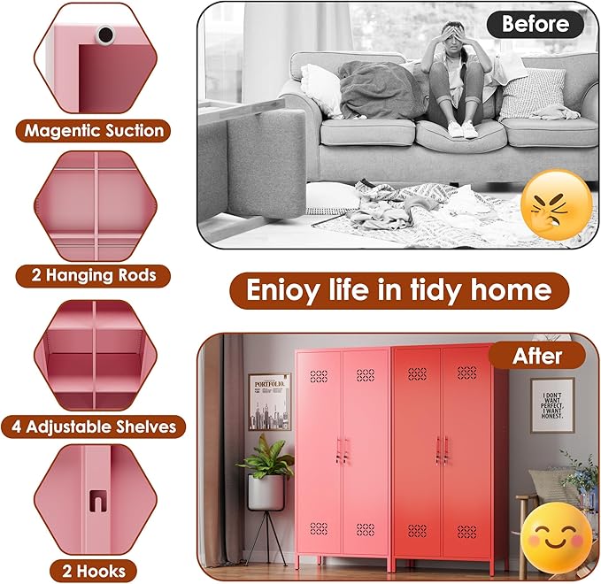 SUPEER 2 Doors Metal Storage Locker with Adjustable Shelves and 2 Hanging Rods, Metal Wardrobe Cabinet with Lock,Wardrobe Lockers for Home,Office,Assembly Required,Pink