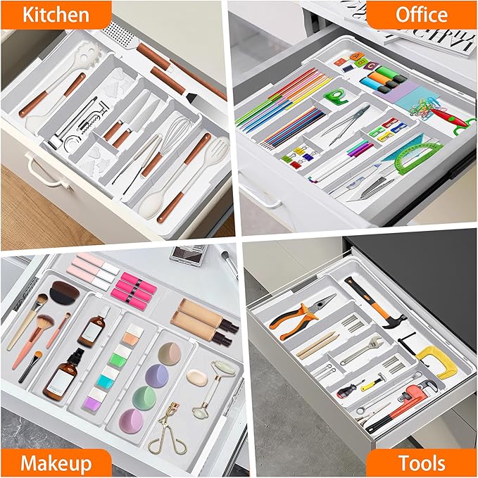 Spaclear Large Utensil Drawer Organizer Expandable Silverware Organizer for Kitchen Drawer Adjustable Cooking Utensil Holder Cutlery Flatware Tray Spatula Tools Gadgets Storage Dividers Plastic White