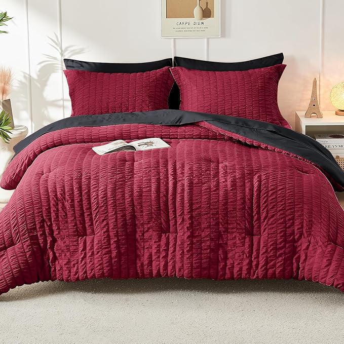 HYMOKEGE Red & Black Full Size Comforter Sets Seersucker 7 Pieces, All Season - Image 8