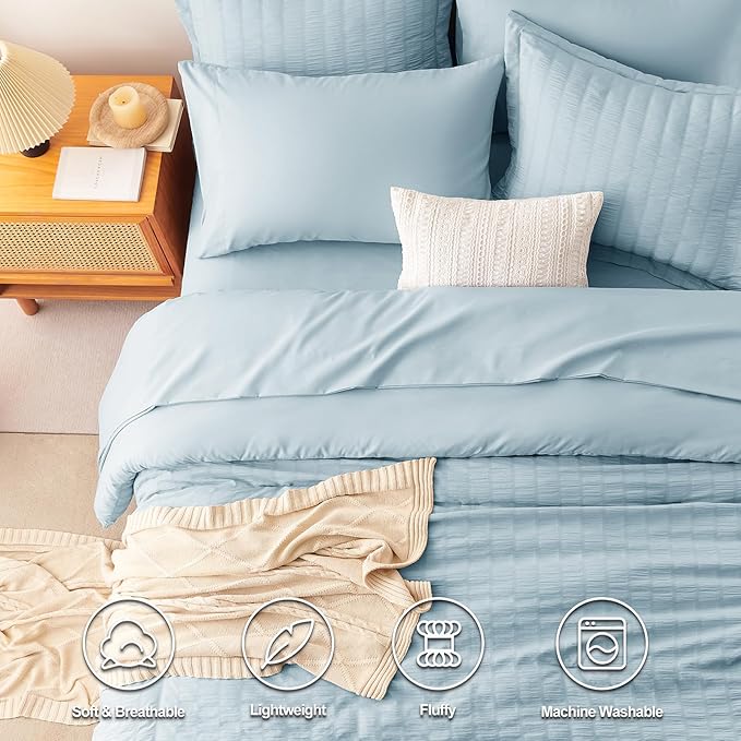 CozyLux King Size Comforter Set Light Blue Seersucker 7 Pieces Bed in a Bag - Image 2
