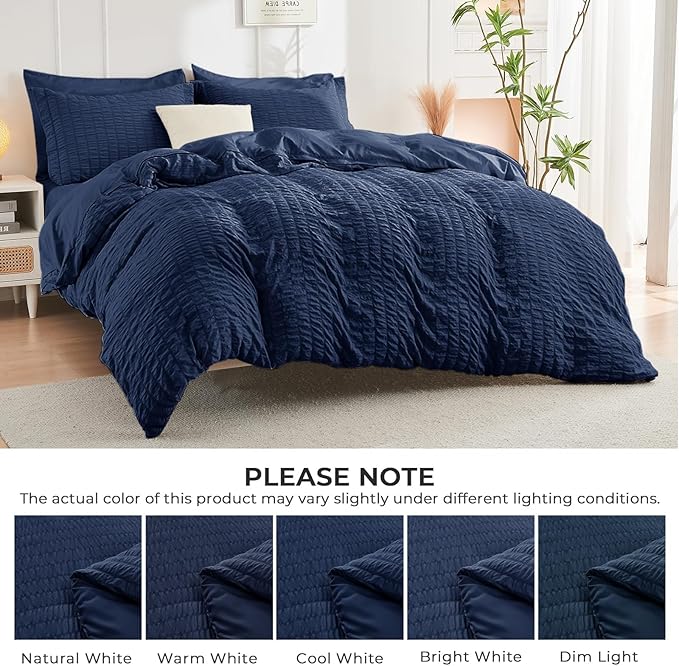 HYMOKEGE Navy Blue Oversized Queen Comforter Set Seersucker 7 Pieces, All - Image 6