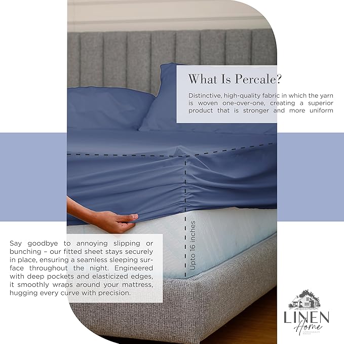 Linen Home 100% Cotton Percale Twin Sheets 3-Piece Set, Soft Breathable & - Image 4