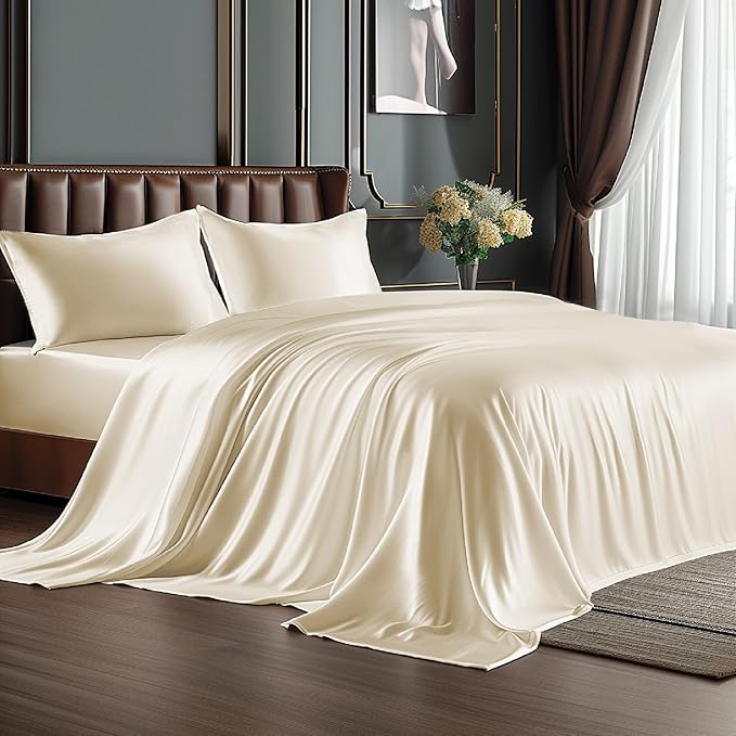 BEDELITE Satin Sheets Twin Size Bed Set, Luxury Soft Beige Silky Sheets by BEDELITE
