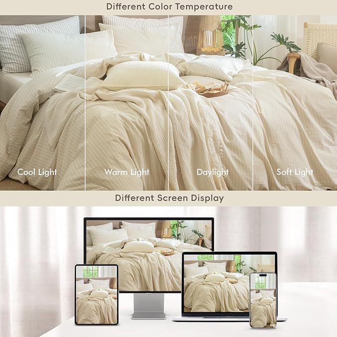 MooMee Striped Duvet Cover Set 100% Washed Cotton Linen Like Textured - Image 7