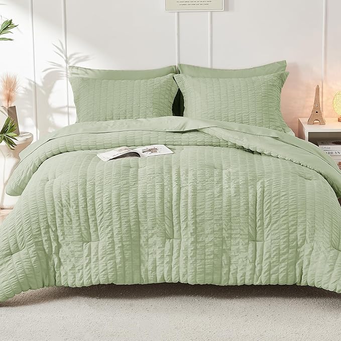 HYMOKEGE Light Green King Size Comforter Set Seersucker 7 Pieces, All Season - Image 9