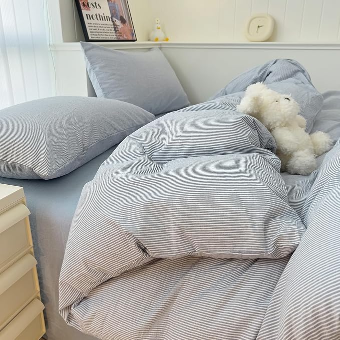mixinni Striped Duvet Cover Set- 100% Washed Cotton Blue Comforter Cover - Image 3