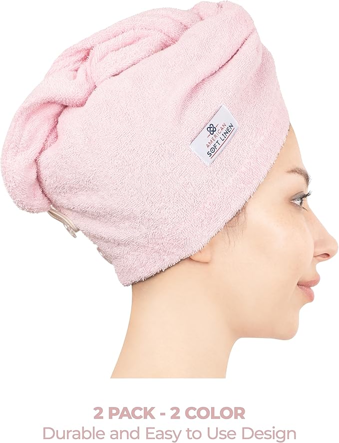 American Soft Linen 100% Cotton Head Towel Cap, Women's Anti Frizz Hair Wrap - Image 3