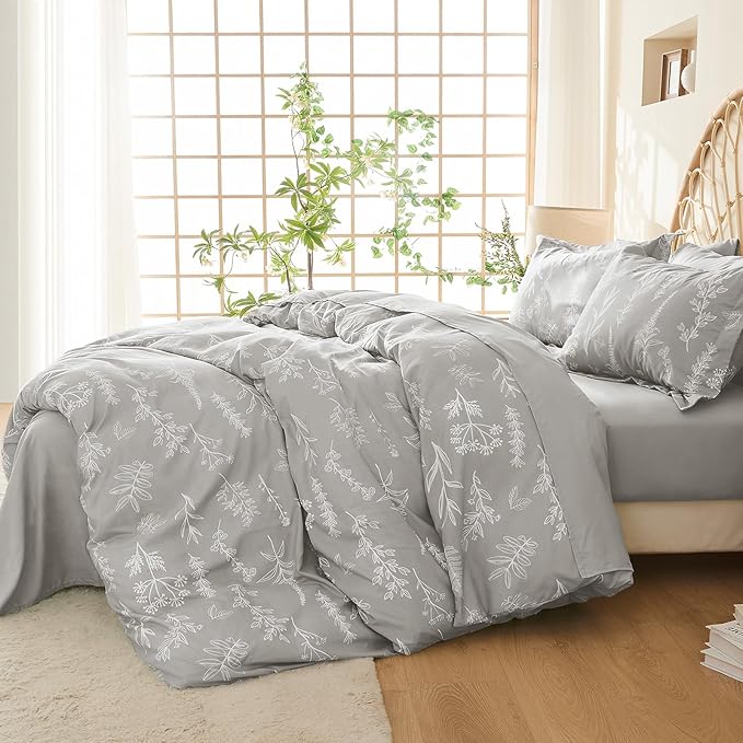 MUXHOMO Duvet Cover King Size, Reversible Floral Silver Gray Duvet Cover Set - Image 2