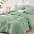 HYMOKEGE Sage Green/Light Grey Twin Comforter Set Seersucker 5 Pieces, All by HYMOKEGE