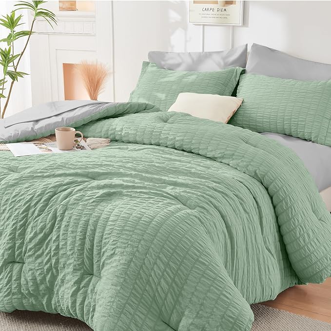 HYMOKEGE Sage Green/Light Grey Queen Comforter Set Seersucker 7 Pieces by HYMOKEGE