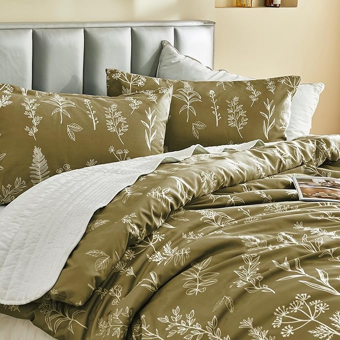 MUXHOMO Duvet Cover Queen Size, Reversible Floral Olive Green Duvet Cover Set - Image 8