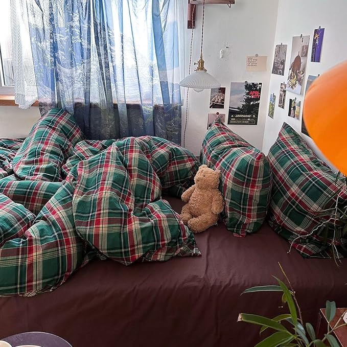 mixinni Vintage Green Buffalo Plaid Washed Cotton Duvet Cover King - Image 3