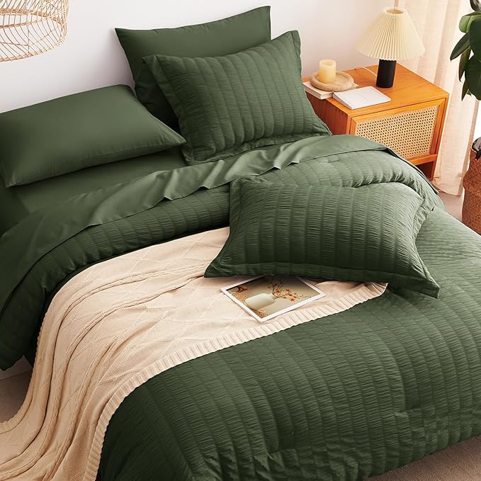 CozyLux Oversized Queen Comforter Set Olive Green Seersucker 7 Pieces 98x98 Bed - Image 6