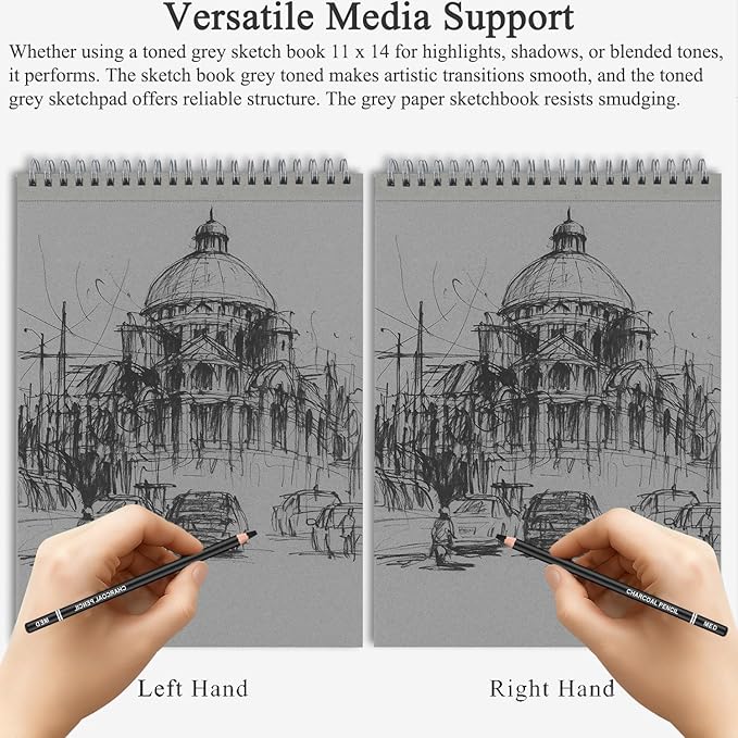 Fuxi Toned Gray Sketchbook 11x14, Large Drawing Pad, 60 Sheets (85lb/130gsm) Spiral Bound, Harcover Artist Sketchbook for Pencil, Charcoal for Artists & Students.