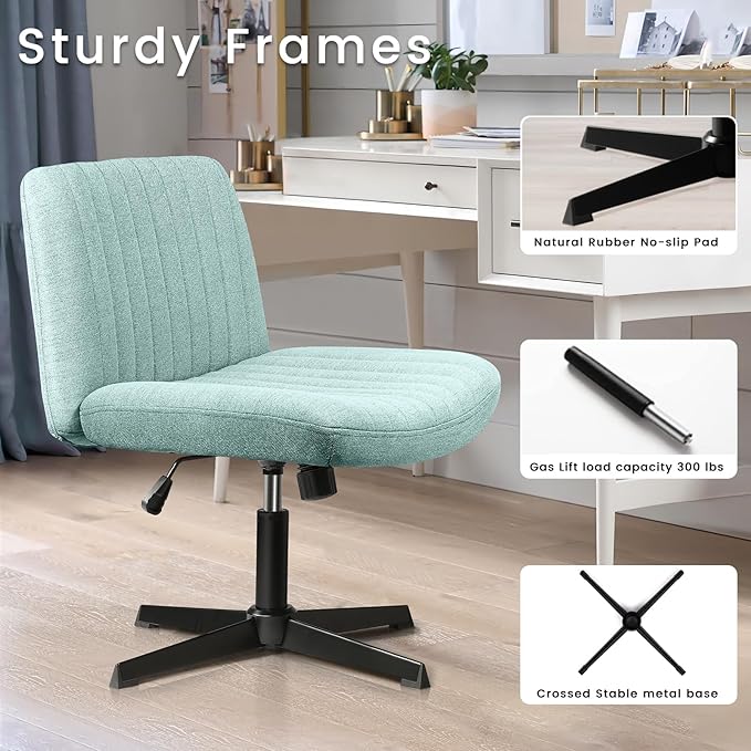 PUKAMI Criss Cross Chair,Armless Cross Legged Office Desk Chair No Wheels,Fabric Padded Modern Swivel Height Adjustable Mid Back Wide Seat Computer Task Vanity Chair for Home Office(Mint Green)